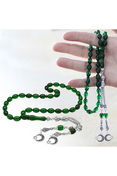 Tesbihane Tarnish Free Metal Rope Tufted Barley Cut Emerald Green Fire Amber Prayer Beads