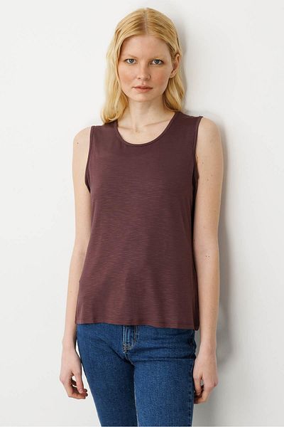 Desen Triko Tricou de bază cu bretele din țesătură evazată cu decolteu rotund pentru femei, maro