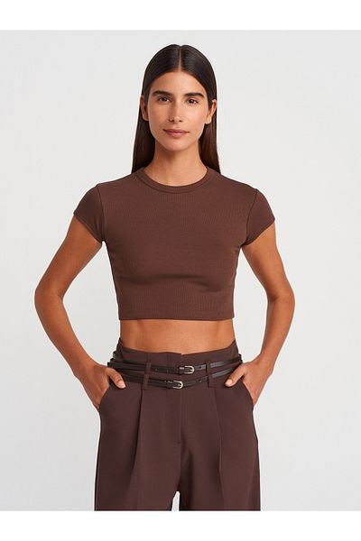 Dilvin 31810 Crew Neck Crop T-Shirt-Light Brown