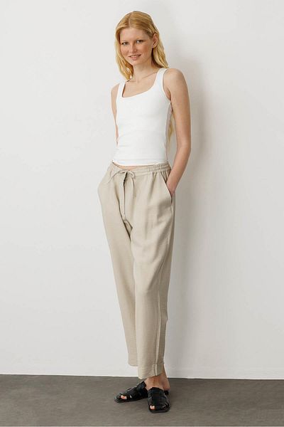 Desen Triko Women's Elastic Waist Linen Trousers Beige