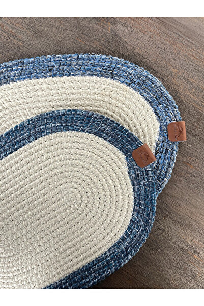 homeınn Set de 2 servicii americane din frânghie naturală în stil boem – aspect de răchită, rezistente la pete, albastru/alb (40x28 cm)