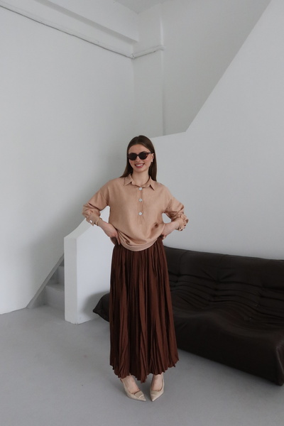 Fashionbox kot görünümlü yazlık kumaş yarım patlı düşük kol gömlek