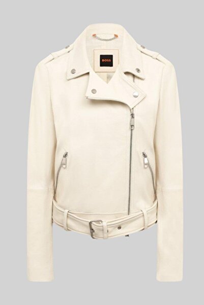 BOSS Kadın Deri Motorcu Ceketi Beyaz