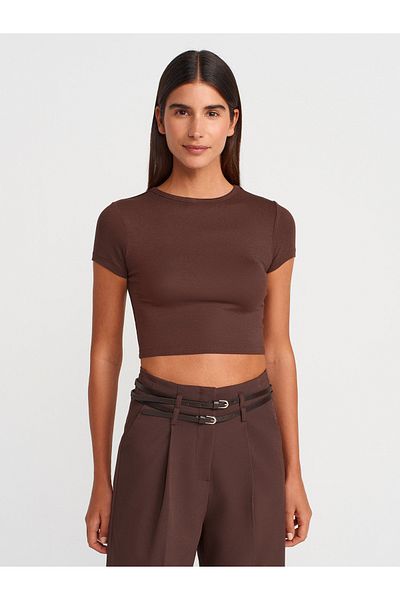 Dilvin 31104 Modal Crop Top-Light Brown