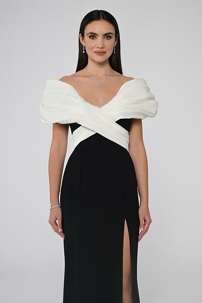 ALFABETA Alfa Beta Off Shoulder Front Slit Crepe Long Dress Evening Dress