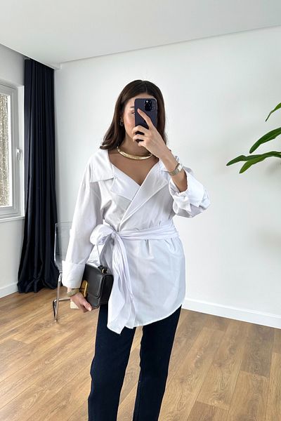 BİRCANÇİL Rossa White Belted Poplin Shirt