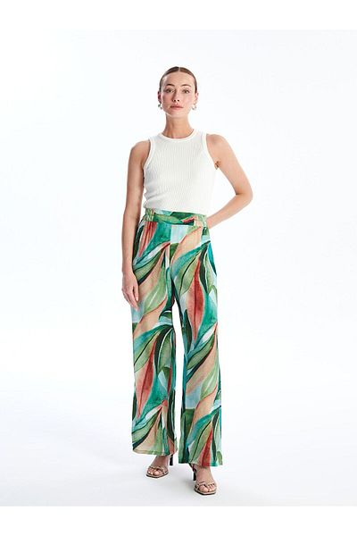 LC Waikiki Pantaloni de damă cu model cu picioare largi, cu talie elastică