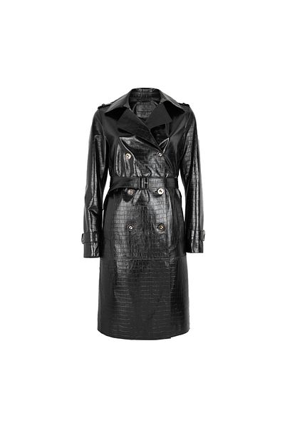 Desa Women's Black Crocodile Printed Leather Trench Coat
