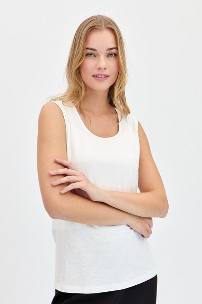Desen Triko Women's Crew Neck Flared Fabric Basic Strap T-Shirt Ecru