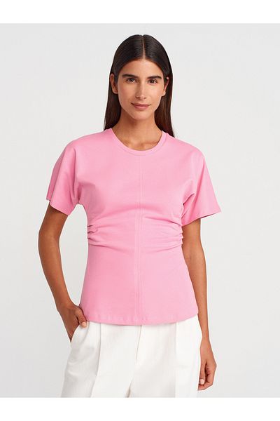 Dilvin 31585 Drape Detailed T-Shirt-Pink