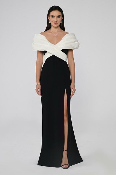 ALFABETA Alfa Beta Off Shoulder Front Slit Crepe Long Dress Evening Dress
