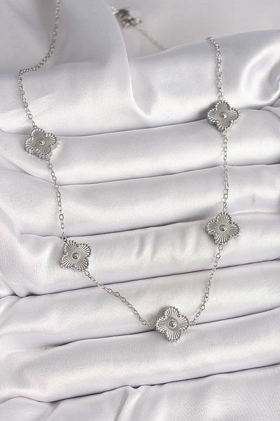 STİLLOVE 316L Steel Silver Color Chain Embroidered Clover Model Women's Necklace Sl10889