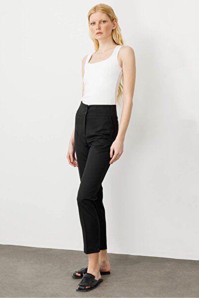 Desen Triko Women's Belt Side Elastic Ankle Length Summer Fabric Trousers Black
