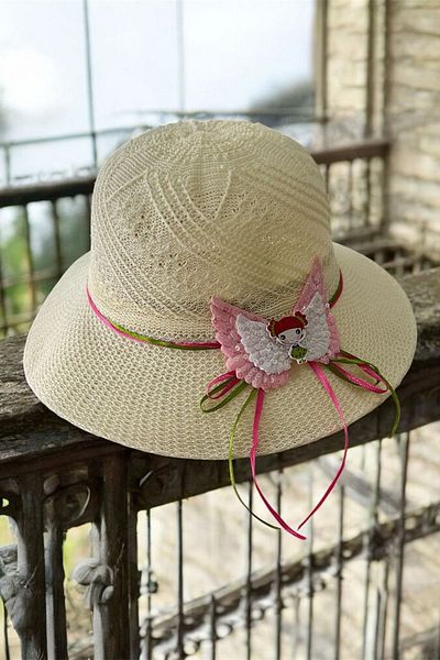 Minigimin Cicileri My Little One's Cicileri (6-12 Years) Butterfly Baby Detailed Straw Girl's Hat - Cream
