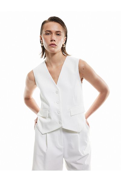 Koton V-Neck Double Pocket Buttoned Blazer Vest