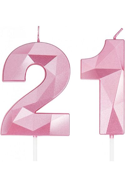 PARTY GO Set of 2 PARTY GO 21st birthday candles, diamond pattern, wax, pink, 7 cm