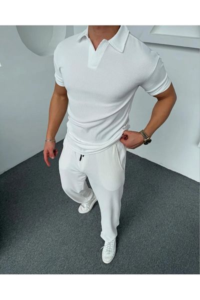 Jooy Men's White Corduroy Polo Neck T-Shirt - Elastic Waist Jogger Bottom 2-Piece Set