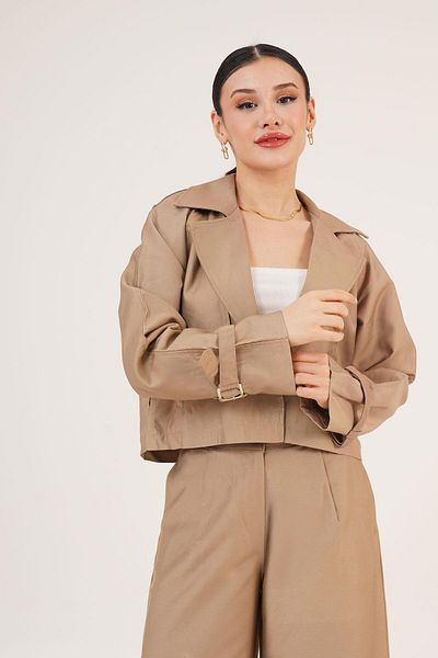 Hipo Trend Belted Waist Sleeve Belt Detail Crop Trench