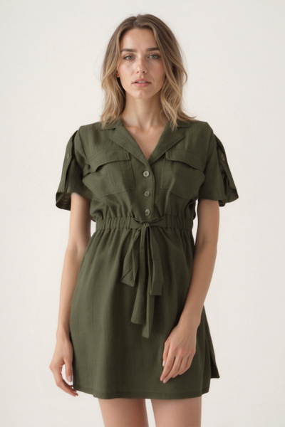 Vitrin Tie Waist Cover Pocket Short Sleeve Crinkle Fabric Dress