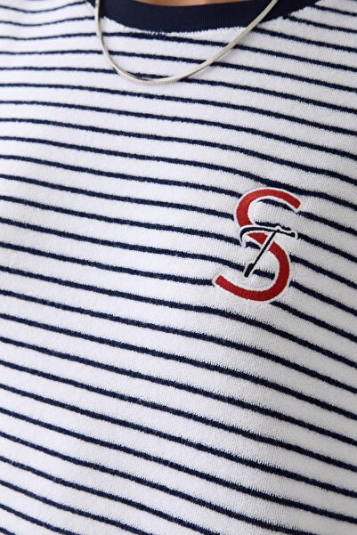 Setre Ekru - Lacivert Yakada Nakış Ve Havlu Kumaş Detaylı Çizgili Bisiklet Yaka Kısa Kol Elbise