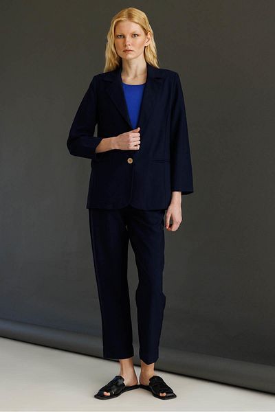 Desen Triko Women's Single Button Linen Jacket Navy Blue