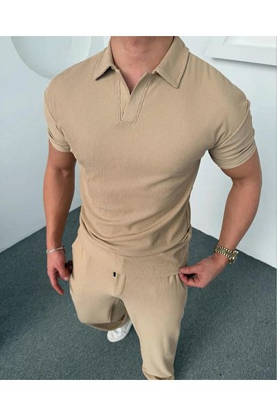 Jooy Men's Beige Corduroy Polo Neck T-Shirt - Elastic Waist Jogger Bottom Set of 2