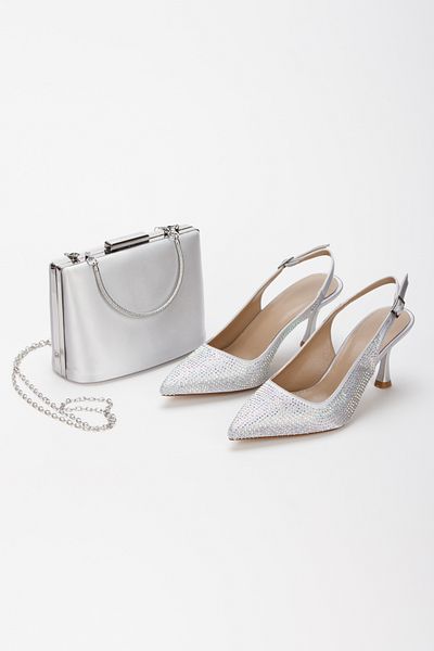AYDOĞDU by ünal Stylish Women's Heeled and Bag Set with Stones - 5003