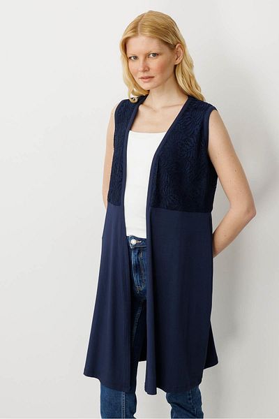 Desen Triko Women's V-Neck Lace Fabric Vest Navy Blue