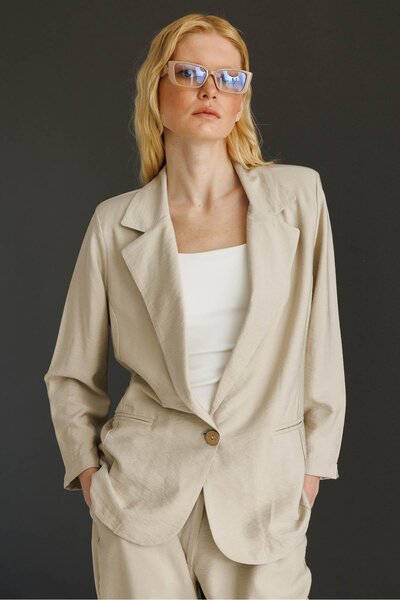 Desen Triko Kadın Tek Düğmeli Keten Ceket Bej