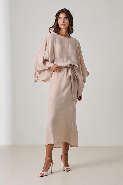 Setre Beige Collar and Sleeve Detailed Dress with Waist Tie Detail