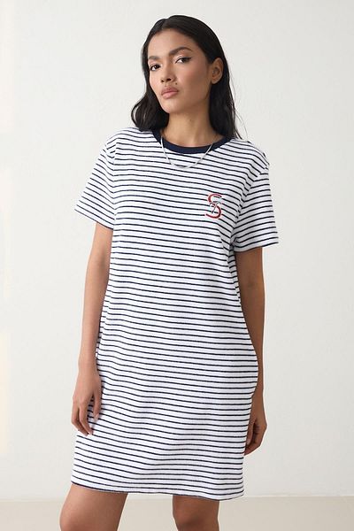 Setre Ecru - Navy Blue Collared Mini Print Detailed Striped Crew Neck Short Sleeve Dress
