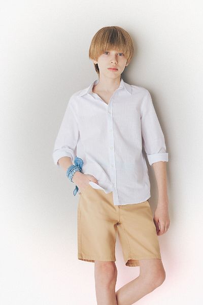 DeFacto Boy's Polo Neck Linen Look Long Sleeve Basic Plain Shirt W3236A625Sm