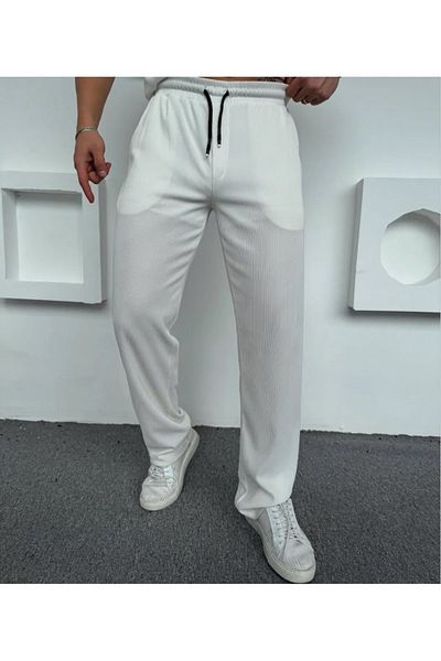 Jooy Men's White Corduroy Polo Neck T-Shirt - Elastic Waist Jogger Bottom 2-Piece Set