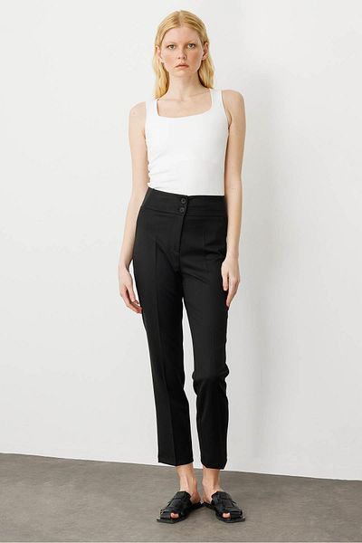 Desen Triko Pantaloni de vară din țesătură de damă, cu elastic lateral, până la gleznă, negri