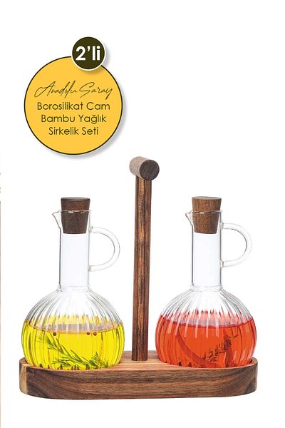 Anadolu Saray Set of 2 Borosilicate Glass Oil Pot with Acacia Wood Stand Oil Vinegar Vinegar Olive Oil Liquid Oil Bottle