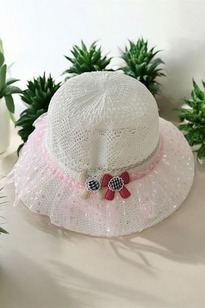 Minigimin Cicileri My Little One's Ciceras (6-12 Years) Tulle Straw Girl's Hat - White