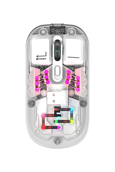 Everest OPAL Şarj Edilebilir Sessiz Beyaz Transparan RGB 2in1 2BT ve 2.4GHz Kablosuz Mouse