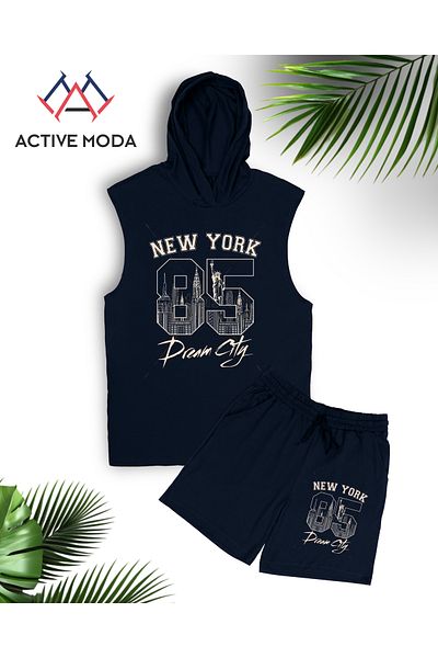 ACTIVE MODA - طقم شورت رياضي بدون أكمام مطبوع من نيويورك للرجال مكون من قطعتين من القطن مقاس كبير