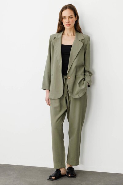 Desen Triko Women's Single Button Linen Jacket Khaki
