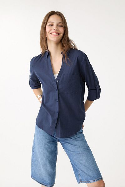 Stradivarius Loose Linen-blend Shirt With A Pocket