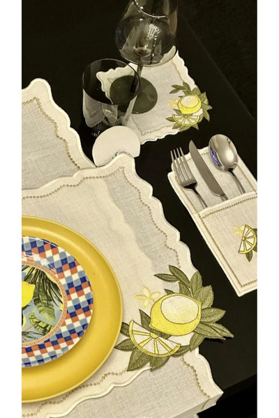 lizy's 100% бавовна, 6-місний сервіз з вишивкою у вигляді лимонів + скатертина | 19 предметів