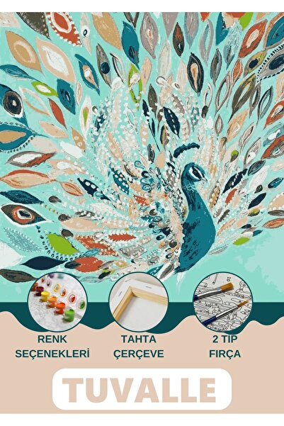 Tuvalle Renkli Tavus Kuşu Sayılarla Boyama Seti, Hobi Seti, 40X50 Tablo, Fırç...