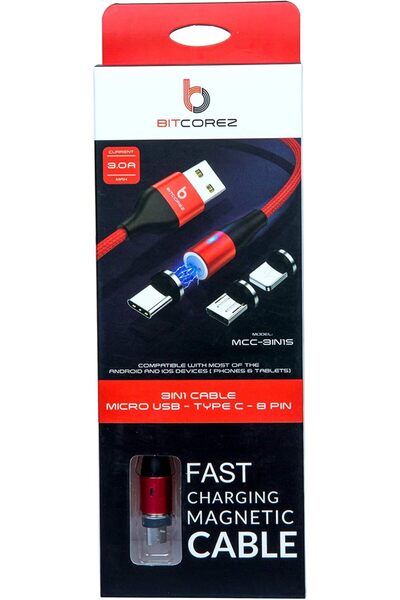 Generic BITCOREZ 3A Fast Charging LED Magnetic Nylon Braided Micro USB type C 3in1 Phone Charger Cable, Co