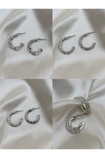 Eylülün Takısı Women's Silver Color 4 Pair Twist Earrings