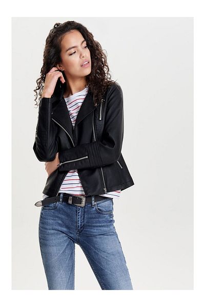 ONLY Women's Black Leather Jacket - 15153079   Onlgemma Faux Leather Biker Otw Noos