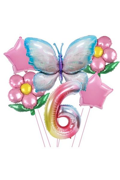 Flippy Baloane Aniversare Cifra 6, din folie de aluminiu 2 flori, 2 stelute, 1 fluture, 1 cifra, Multicolor