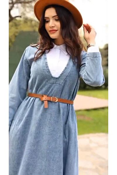 Cardella Premium Quality Belted Shirt Collar Denim Jeans Dress Hijab Compatible Jean Dress