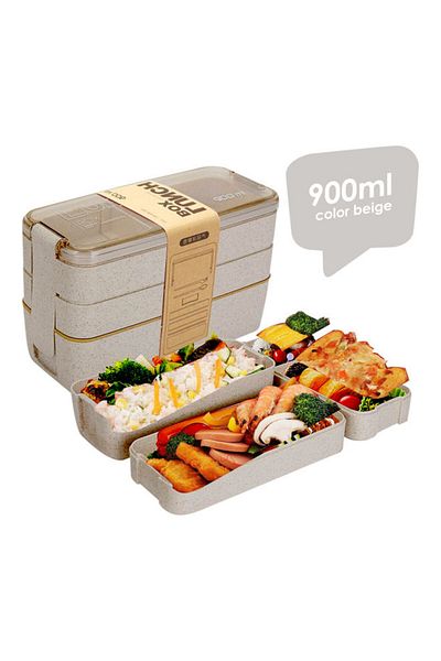 Generic AIWANTO Three-Compartment Lunch Box Set Beige 900ml
