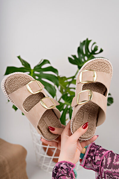 bakacstore Women's Beige Daily Double Buckle Comfortable Sole Straw Sandals Slippers