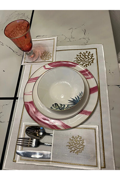 lizy's % 100 Keten 6 Kişilik Gold Mercan Desenli Amerikan Servis + Runner Tak...